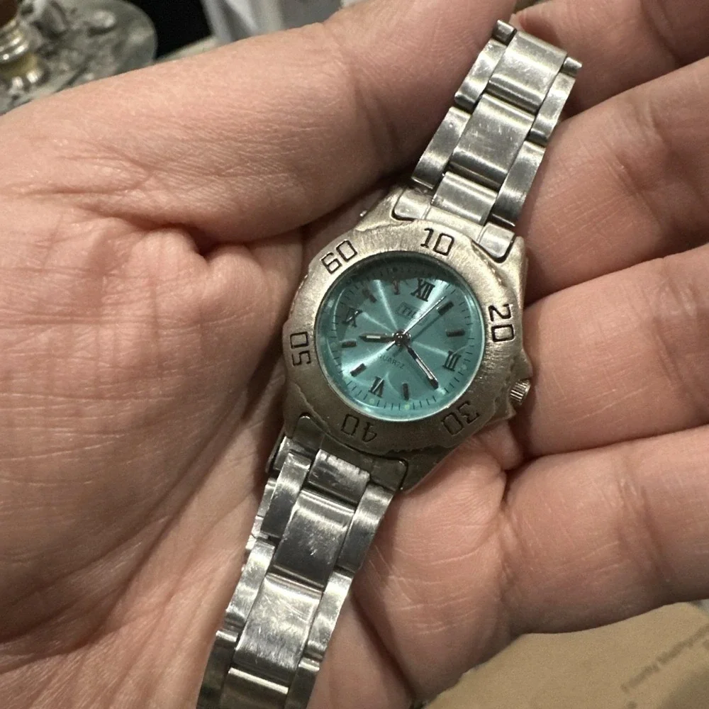 VTG Working Tilt Ladies Silver Tone Green Dial Bezel Rotate Watch 29mm Fit 7in‎